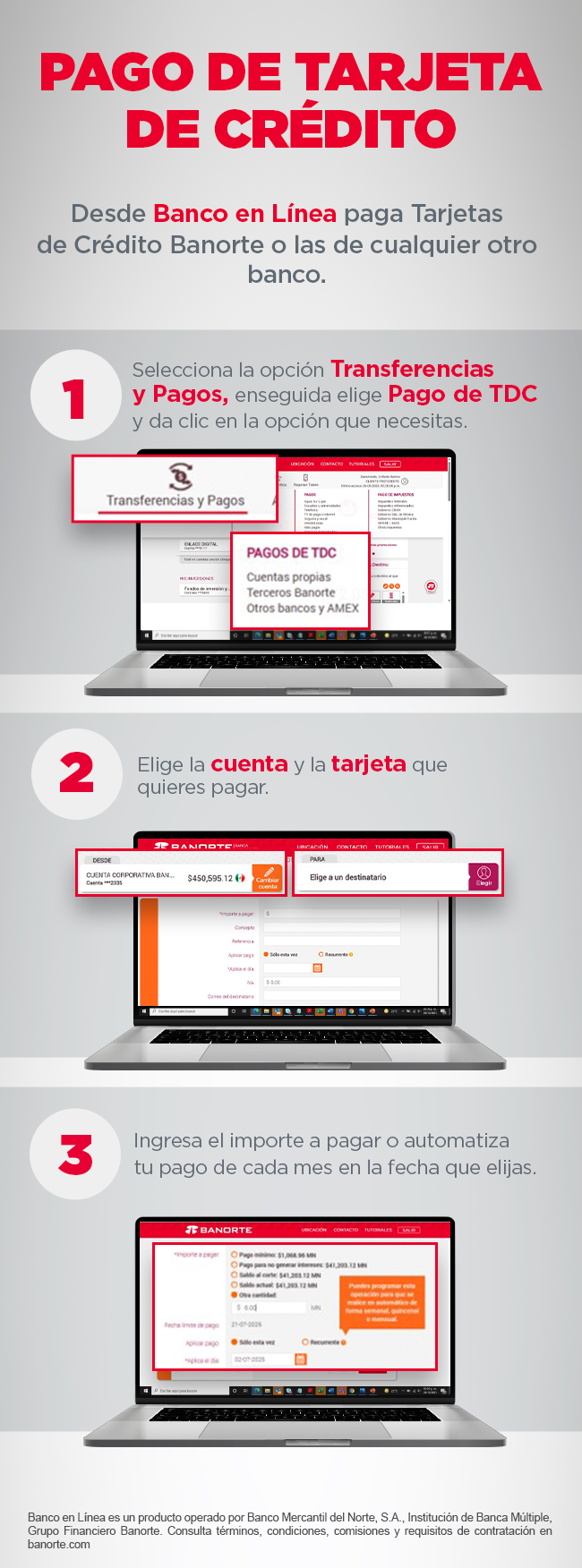 Instrucciones paso a paso para pagar tarjetas de crédito Banorte u otros bancos desde Banco en Línea