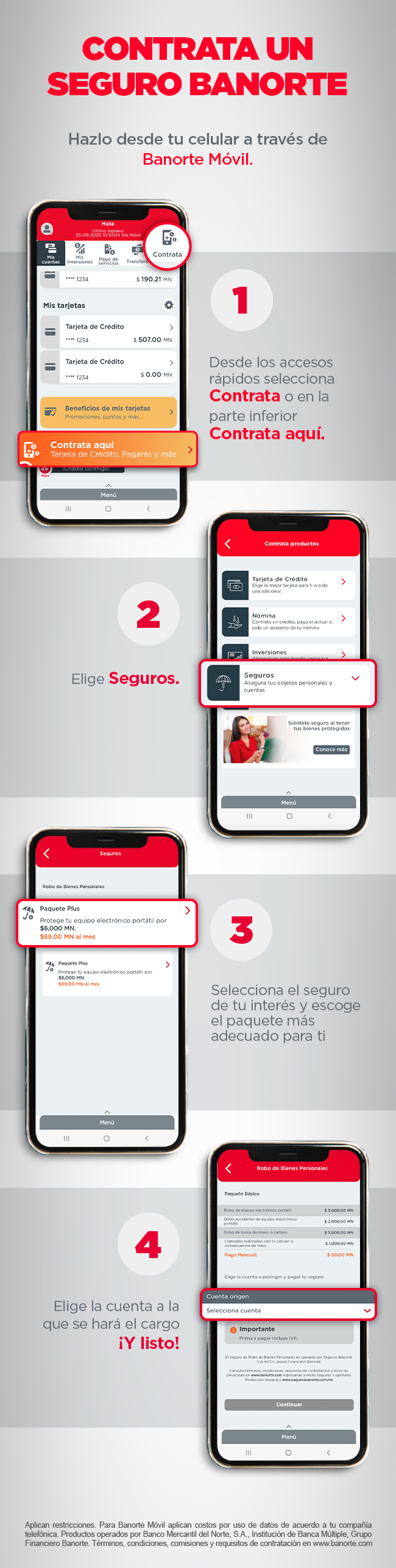 Infografía de Banorte Móvil que explica cómo contratar un seguro en cuatro pasos: 1) Selecciona 'Contrata' en accesos rápidos, 2) Elige 'Seguros', 3) Escoge el seguro y paquete adecuado, 4) Selecciona la cuenta para el cargo y confirma