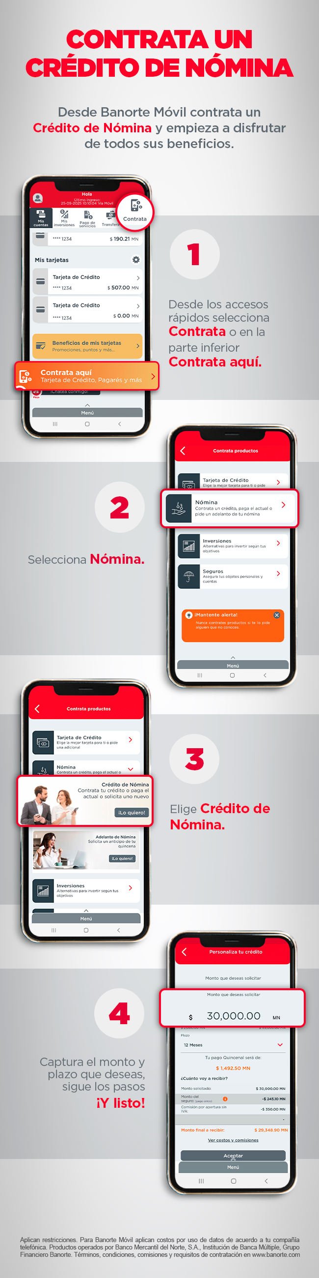 Infografía de Banorte Móvil que muestra cómo contratar un Crédito de Nómina en cuatro pasos: 1) Selecciona 'Contrata' en accesos rápidos, 2) Elige 'Nómina', 3) Selecciona 'Crédito de Nómina', 4) Captura el monto y plazo deseado, confirma y listo.