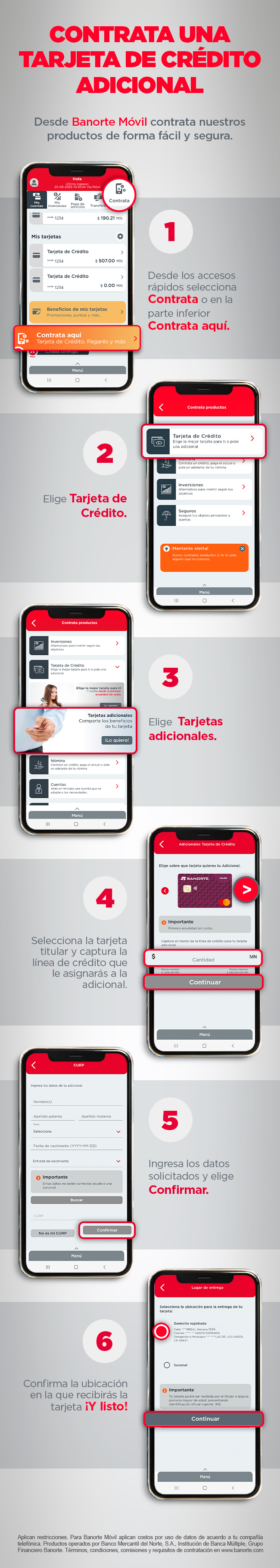 Infografía de Banorte Móvil que muestra cómo contratar una tarjeta de crédito adicional en seis pasos: 1) Selecciona 'Contrata' en accesos rápidos, 2) Elige 'Tarjeta de Crédito', 3) Selecciona 'Tarjetas adicionales', 4) Captura la tarjeta titular y la línea de crédito, 5) Ingresa los datos solicitados y confirma, 6) Confirma la ubicación de entrega y finaliza